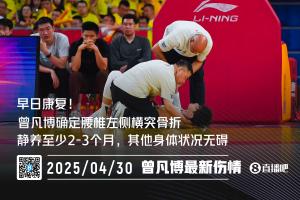 直播吧：曾凡博确定伤情腰椎左侧横突骨折 本赛季报销