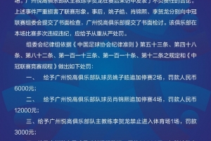 10分钟两连暴力直红！中冠官方：对广州悦高总计罚款4.1万元